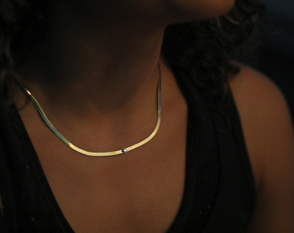 Gold Herringbone Chain Necklace with Diamond