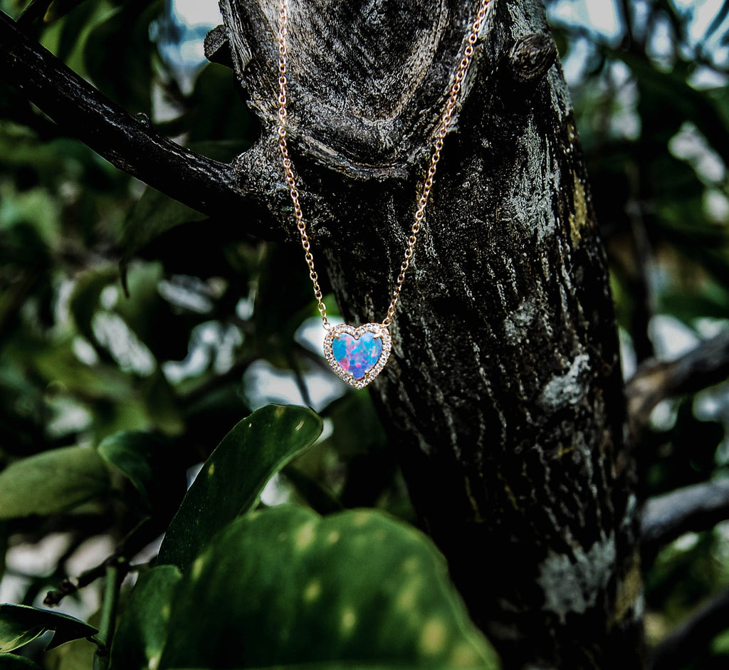 Opal Heart with Pave Diamond Necklace