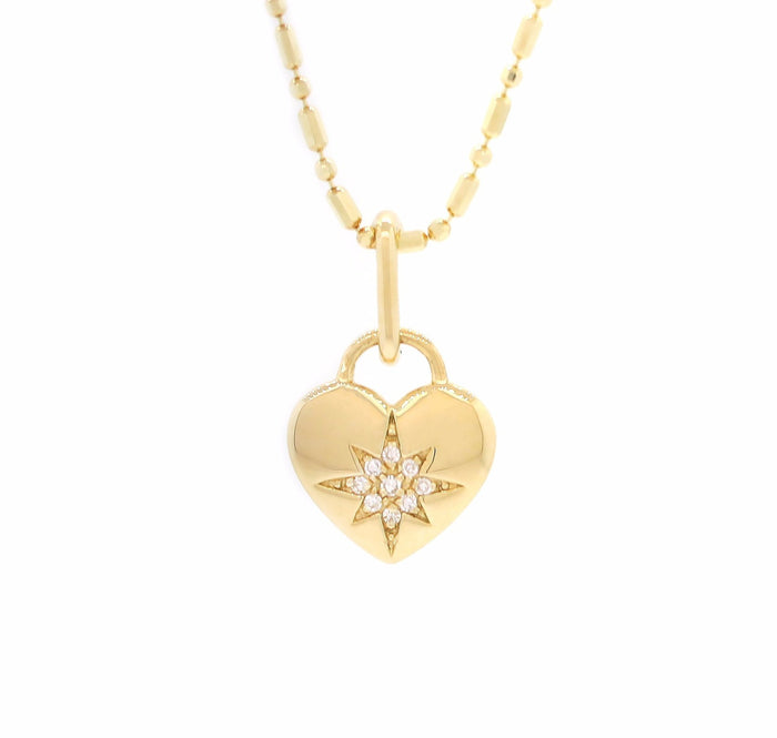 Gold Starburst Diamond Heart Charm Link Necklace