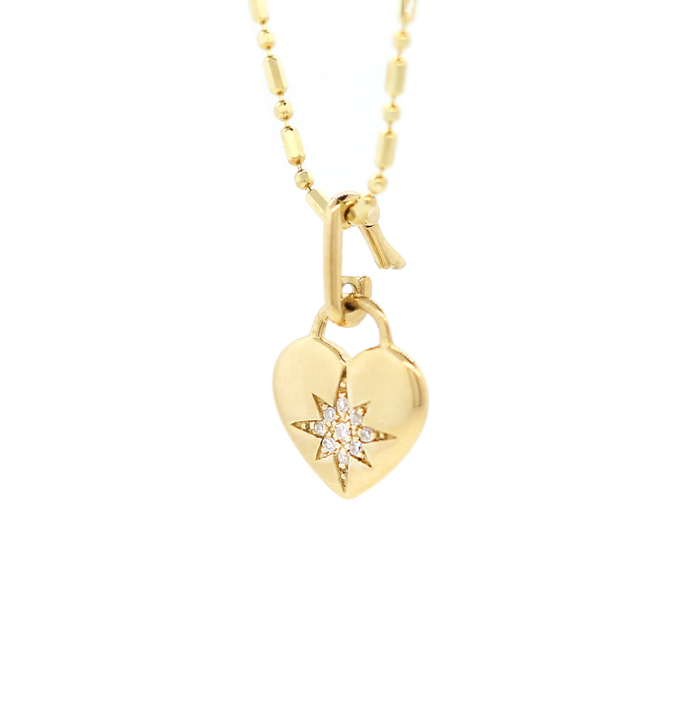 Gold Starburst Diamond Heart Charm Link Necklace
