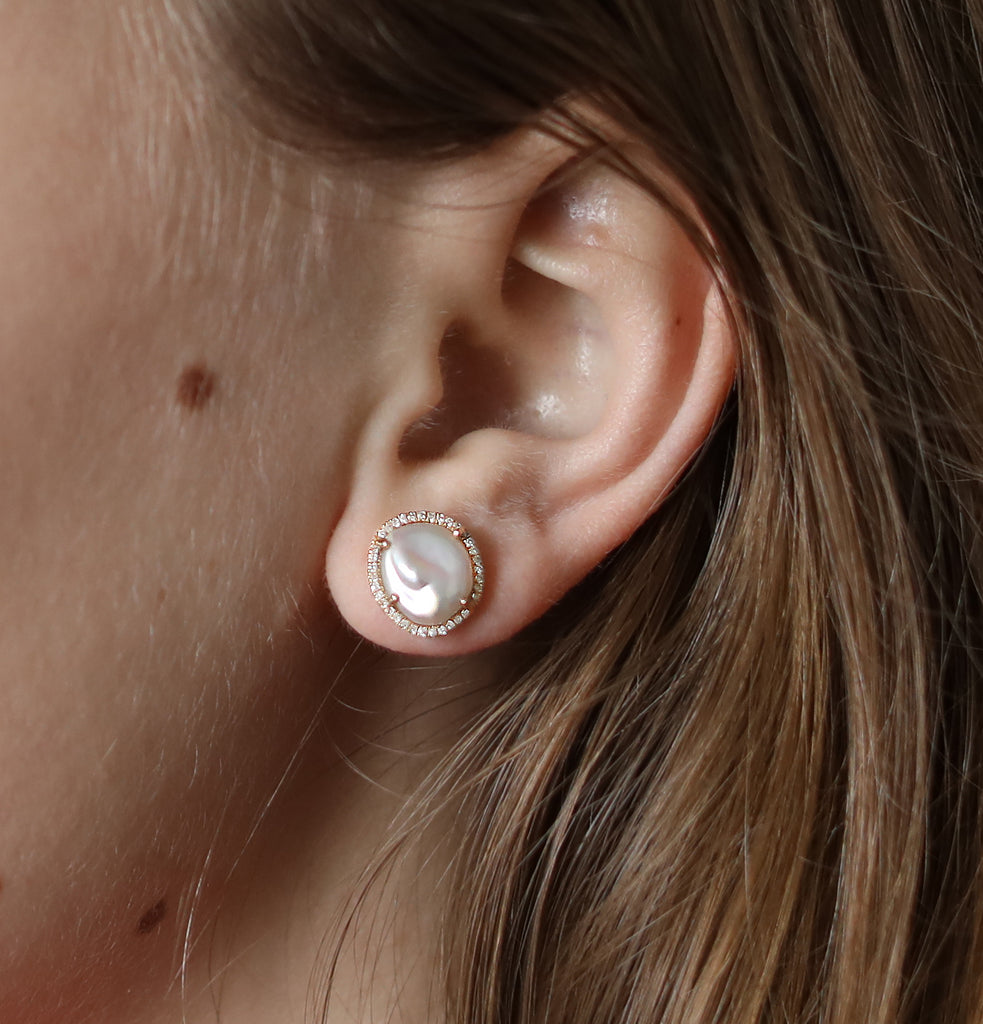 Pearl and Diamond Stud Earrings - Rose Gold