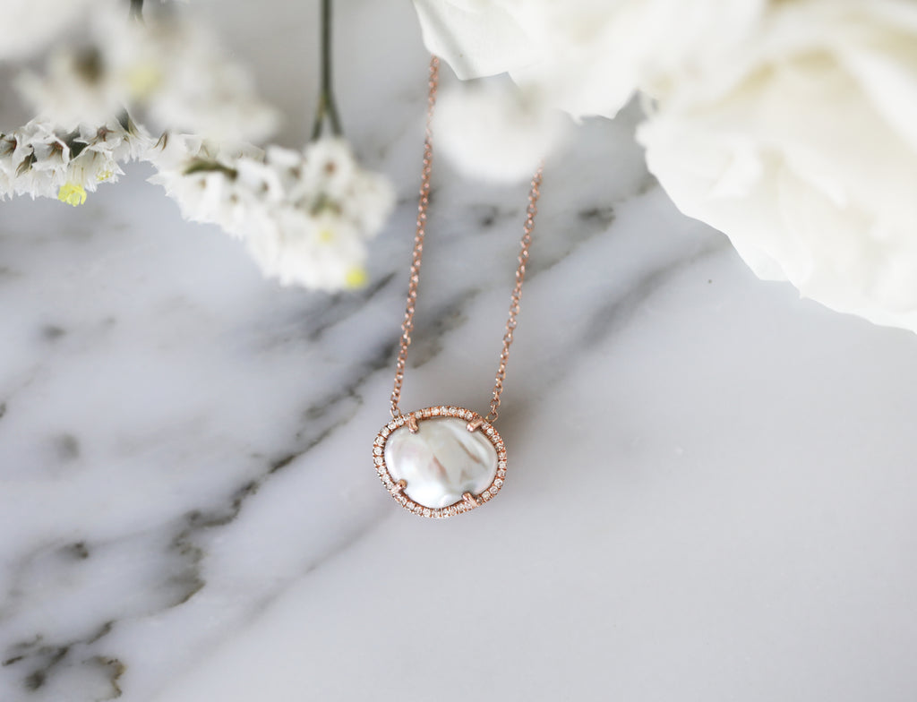 Pearl and Pave Diamond Necklace - Rose Gold